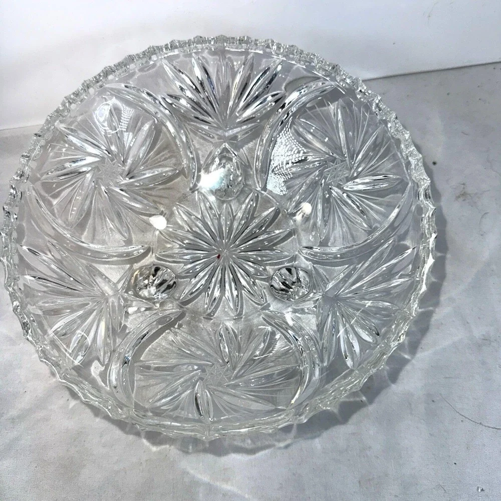 Cut Crystal Glass Round 3-Footed Bowl Hobstar Pinwheel Star Excellent Vintage